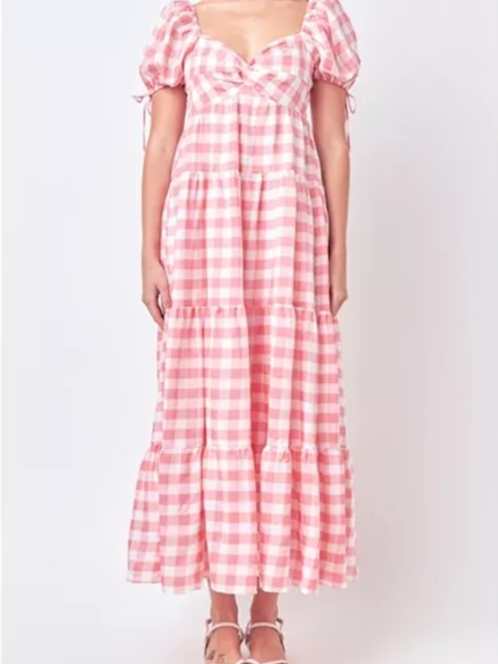English Factory Coral and White Gingham Sundress with Square Neck